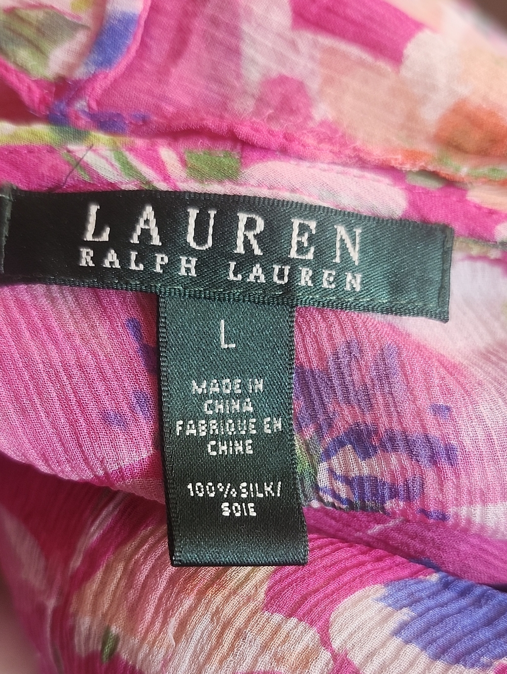 Lauren Ralph Lauren Sheer Pink Floral Wrap Blouse, Silk, 3/4 Puff Sleeves, L - Picture 8 of 9